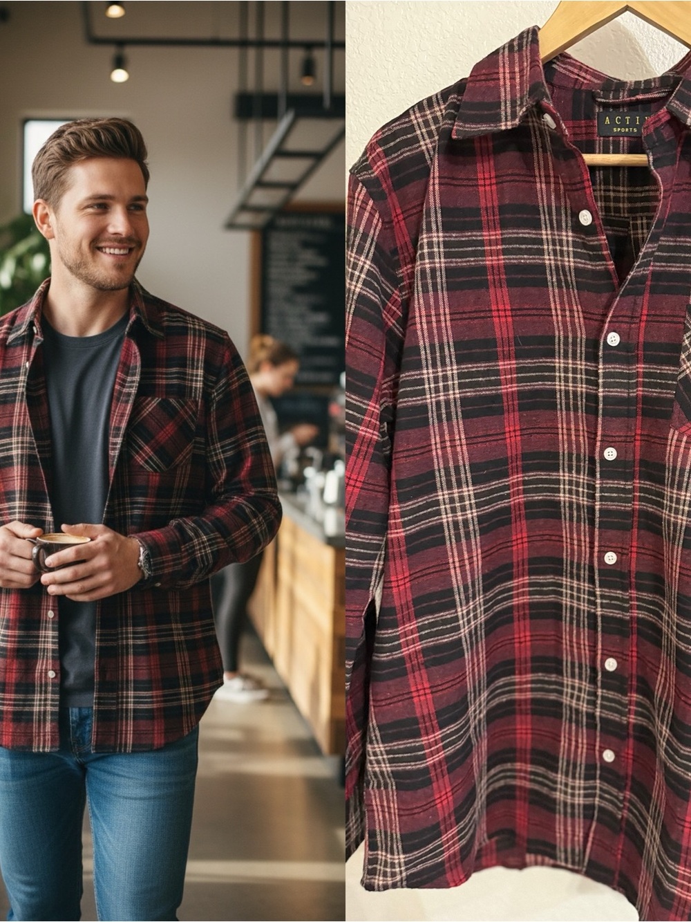Activa Sports Inc Men’s Plaid Flannel Button Up Shirt Size Large Red Black Cotto